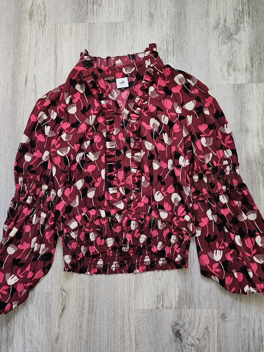 Cabi Corsage Floral Ruffle Bishop Sleeve Blouse Small